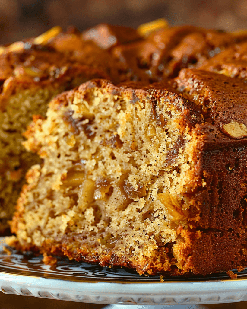 A close-up of Amish Applesauce Cake with a moist, spiced interior filled with nuts and raisins, featuring a golden-brown crust.