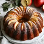A beautifully baked apple pound cake garnished with fresh apple slices, a drizzle of caramel, and a dusting of powdered sugar.