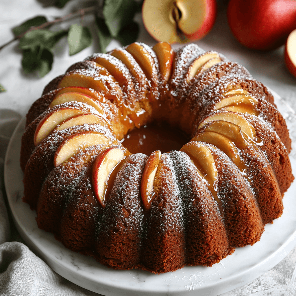 A beautifully baked apple pound cake garnished with fresh apple slices, a drizzle of caramel, and a dusting of powdered sugar.