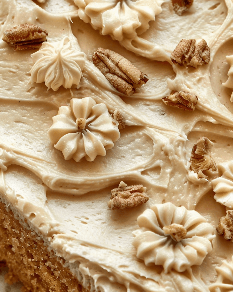 A close-up of Applesauce Cake with Cinnamon Cream Cheese Frosting, decorated with piped frosting swirls and crunchy pecans.