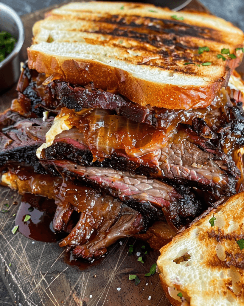 A stack of BBQ Brisket Melts with smoky, tender brisket, caramelized onions, melted cheese, and toasted bread, drizzled with barbecue sauce.