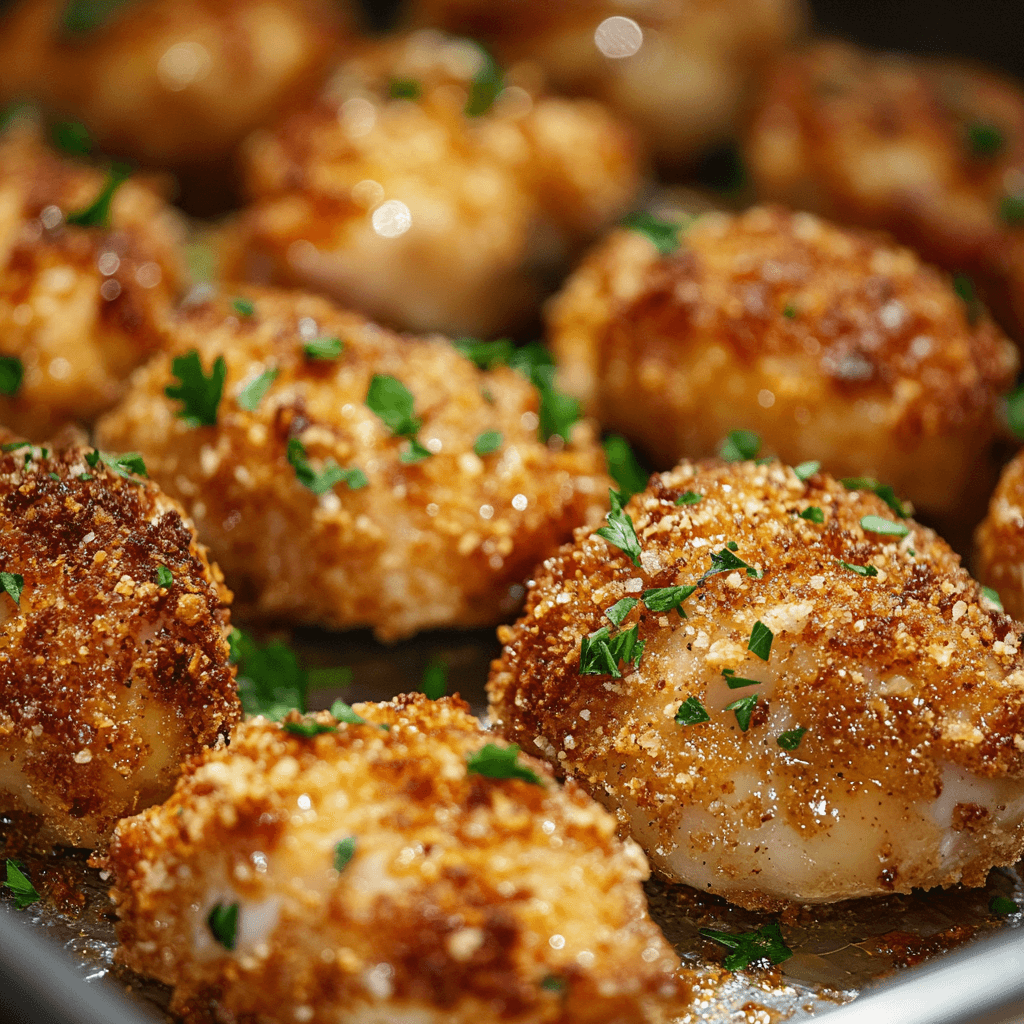 Golden brown baked chicken coated in crispy breading and garnished with fresh parsley, served hot on a baking tray.