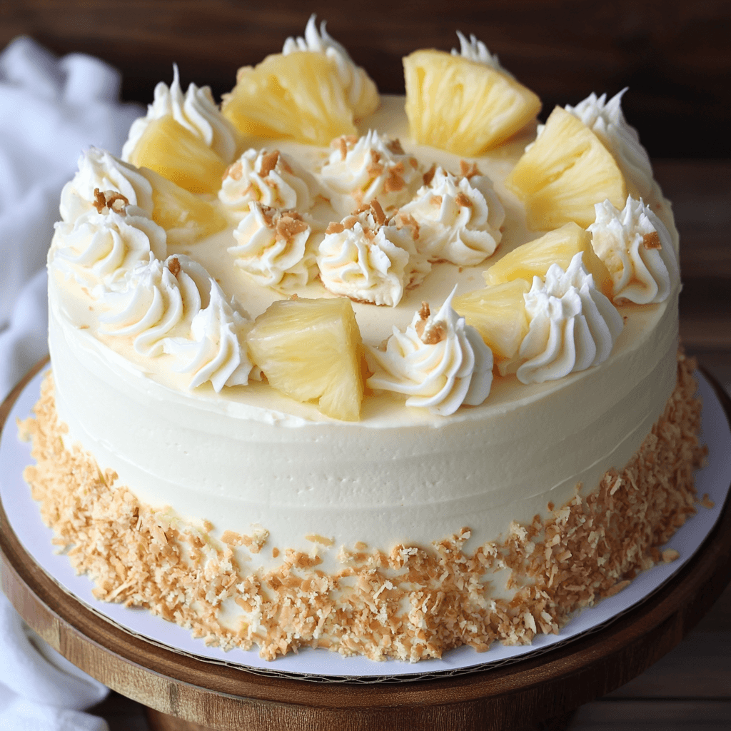 A beautifully frosted pineapple coconut dream cake topped with whipped cream, pineapple slices, and toasted coconut, displayed on a wooden cake stand.