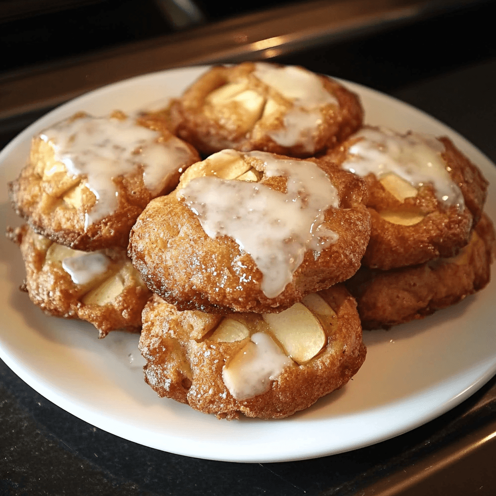 A plate of the best soft cinnamon apple fritters drizzled with vanilla glaze, showcasing tender apple slices and golden perfection.