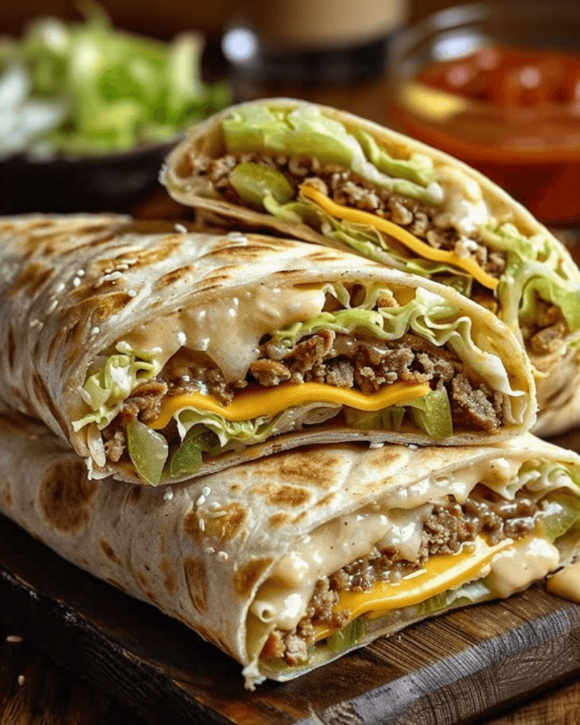 Delicious Big Mac wraps filled with seasoned beef, lettuce, cheddar cheese, pickles, and special sauce, cut in half and stacked.
