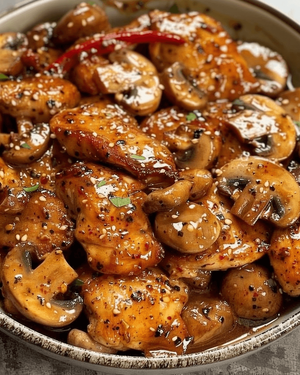 Black Pepper Chicken with Mushrooms in a savory glaze, garnished with sesame seeds and spices.