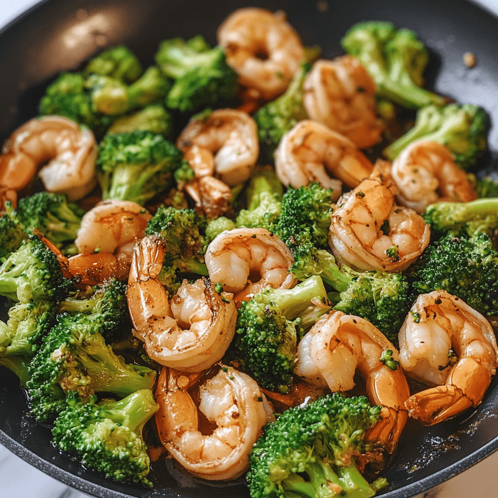 A skillet of sautéed shrimp and broccoli seasoned with garlic and spices, showcasing a vibrant and healthy dish.