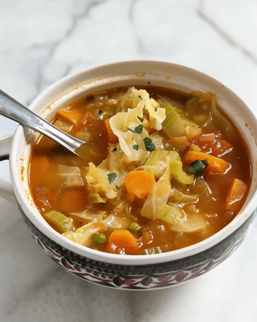 A bowl of cabbage fat-burning soup filled with fresh vegetables like carrots, celery, and cabbage in a flavorful broth.