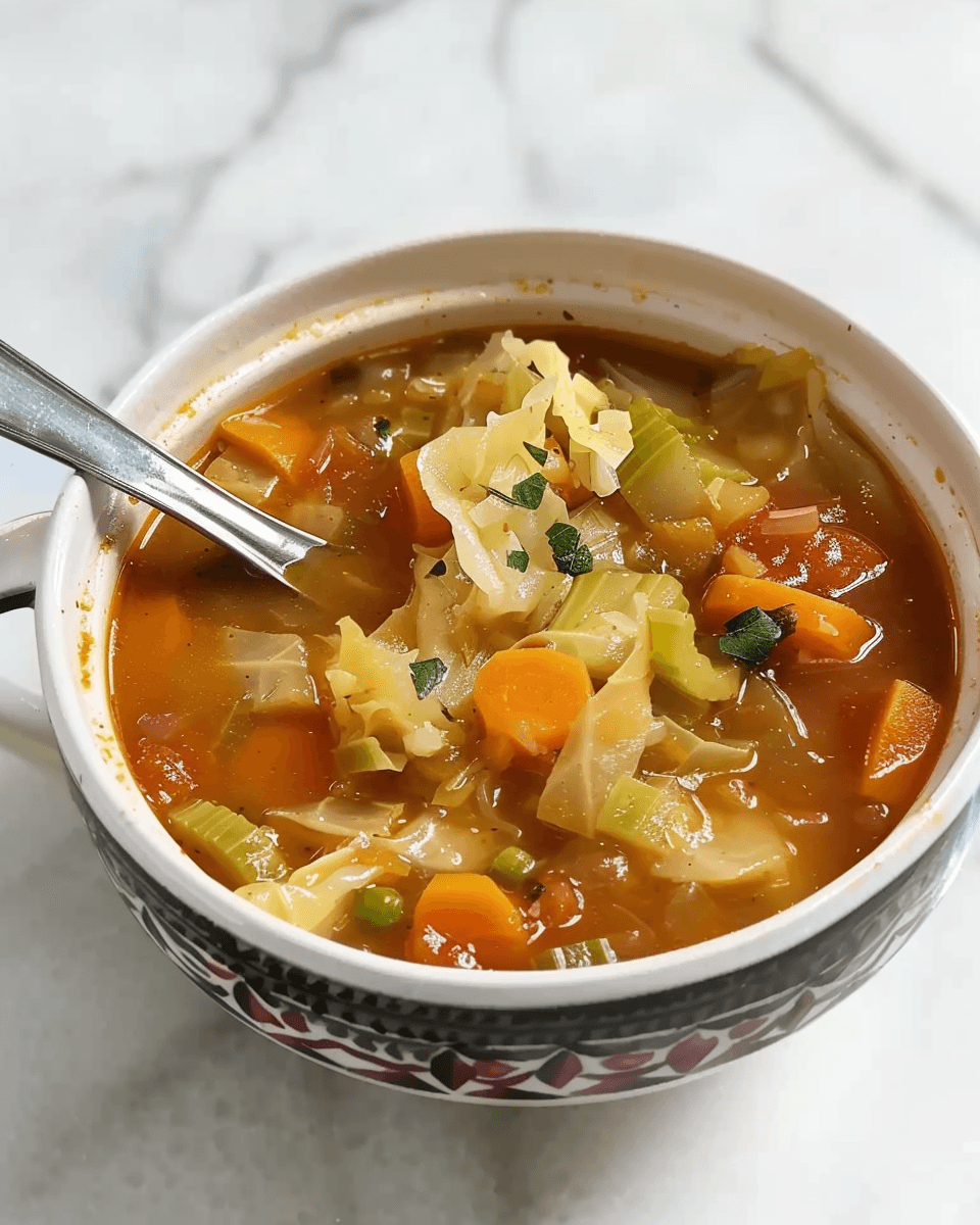 A bowl of cabbage fat-burning soup filled with fresh vegetables like carrots, celery, and cabbage in a flavorful broth.