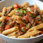 A bowl of Cajun Beef Pasta with penne, juicy beef strips, fresh tomatoes, and parsley garnish.