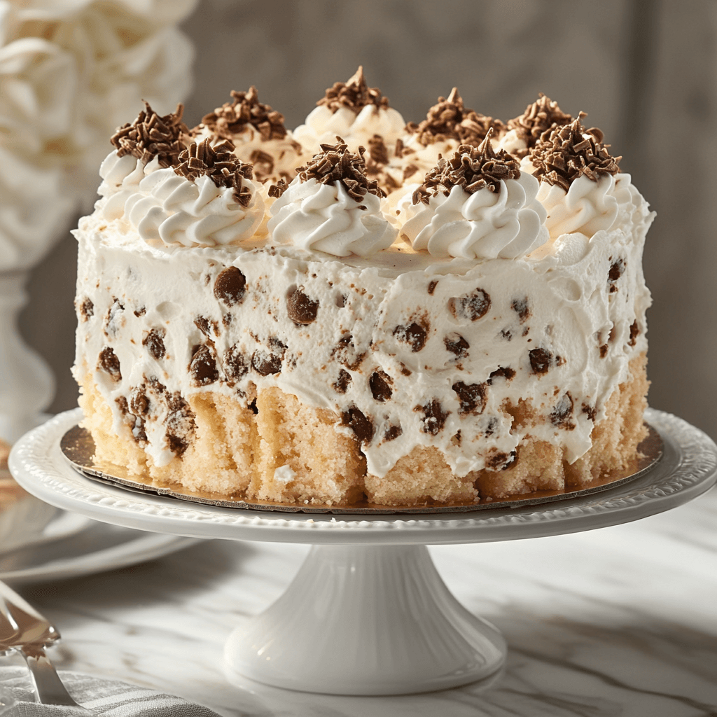 Cannoli poke cake topped with whipped cream and chocolate chips, served on a white cake stand.