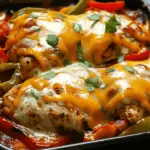 Cheesy baked fajita chicken topped with melted cheese, colorful bell peppers, and fresh cilantro in a baking dish.