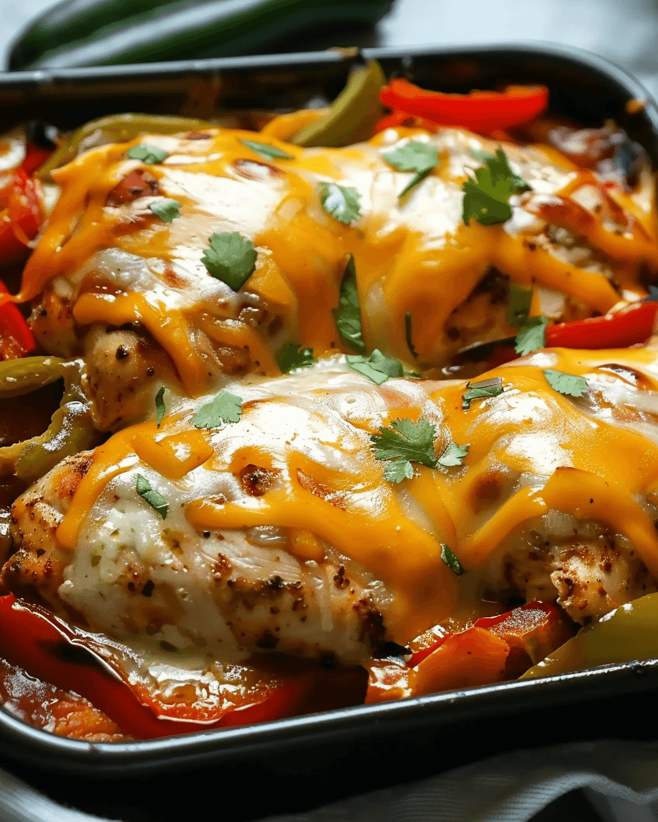 Cheesy baked fajita chicken topped with melted cheese, colorful bell peppers, and fresh cilantro in a baking dish.