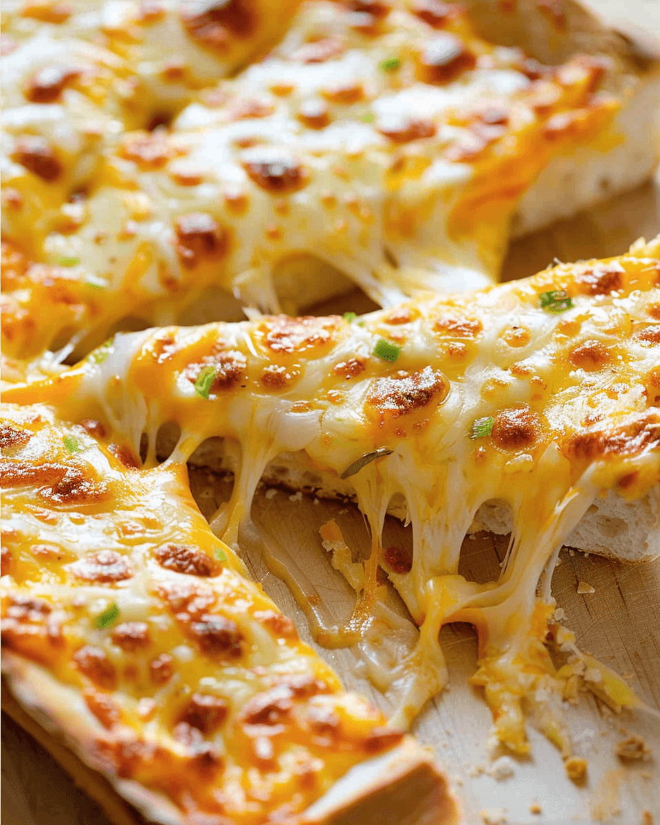 Slices of golden, cheesy bread topped with gooey melted cheese and a sprinkle of green herbs, perfect for a savory snack or appetizer.