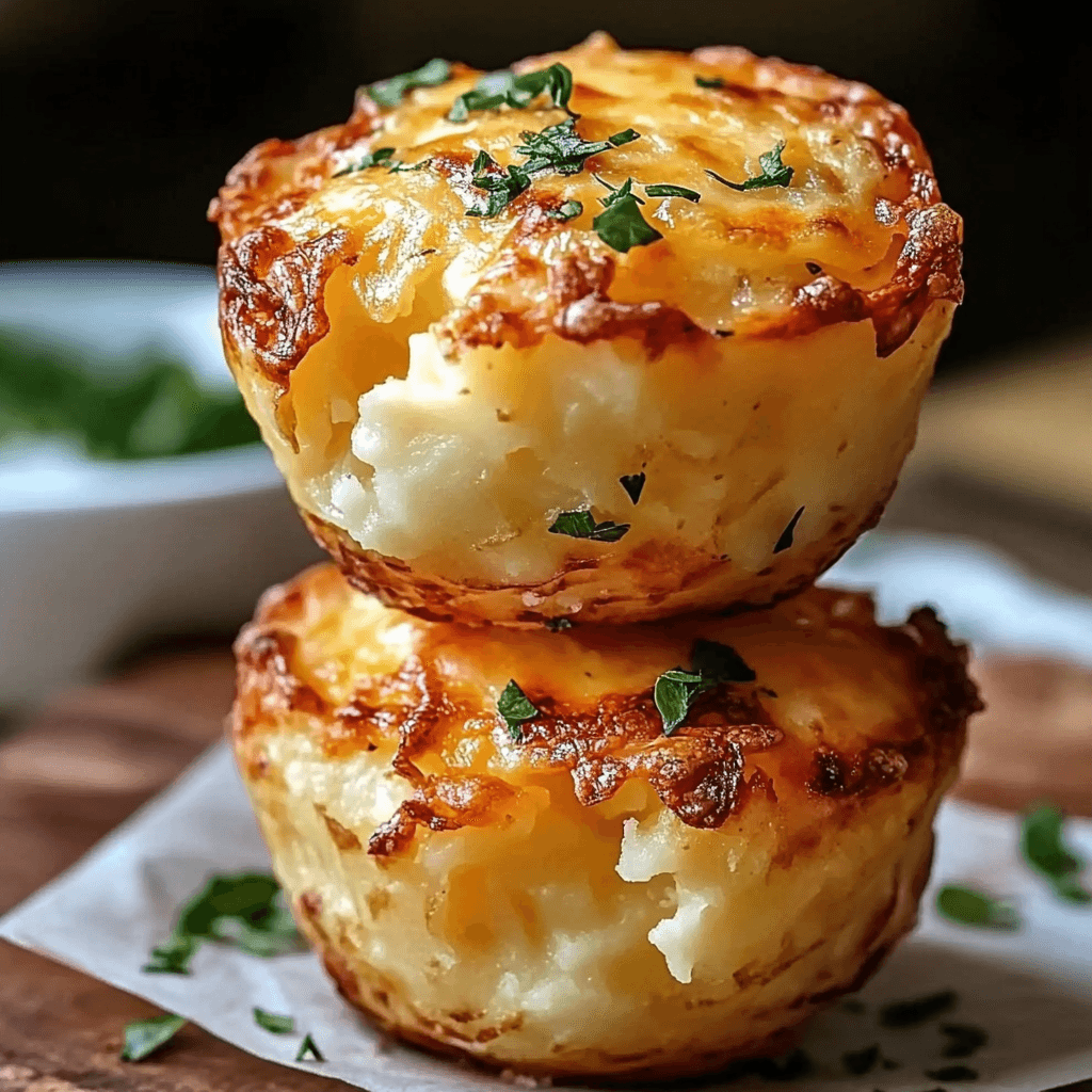 Two golden-brown cheesy mashed potato puffs stacked on parchment paper, garnished with fresh herbs.