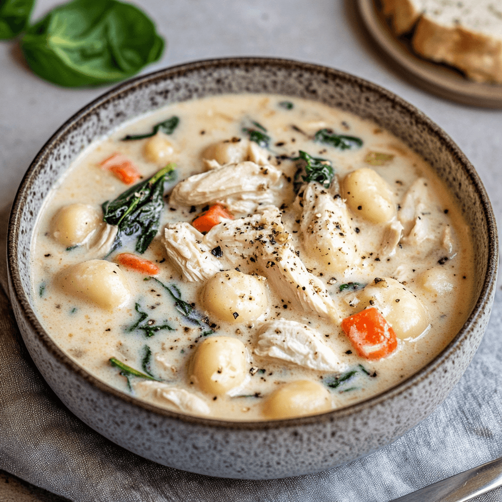 A bowl of creamy chicken gnocchi soup garnished with fresh spinach, carrots, and black pepper, served with bread on the side.