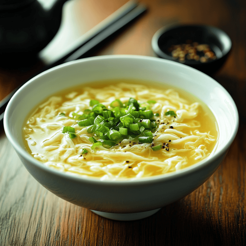 A warm bowl of Chinese egg drop soup garnished with fresh chopped green onions, served in a white bowl on a wooden table.
