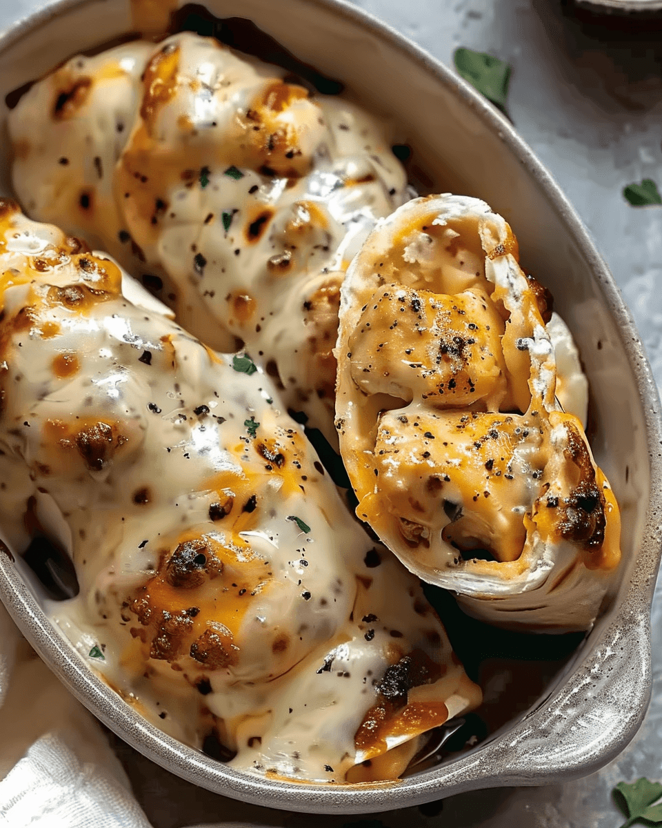 Close-up of cheesy garlic chicken wraps baked with a golden, creamy cheese topping.