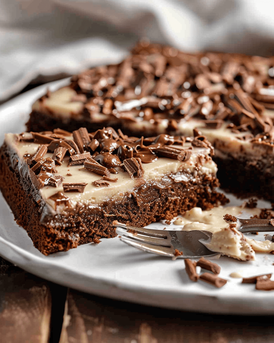 A rich Chocolate Texas Sheet Cake topped with creamy buttermilk frosting and chocolate shavings on a white plate.