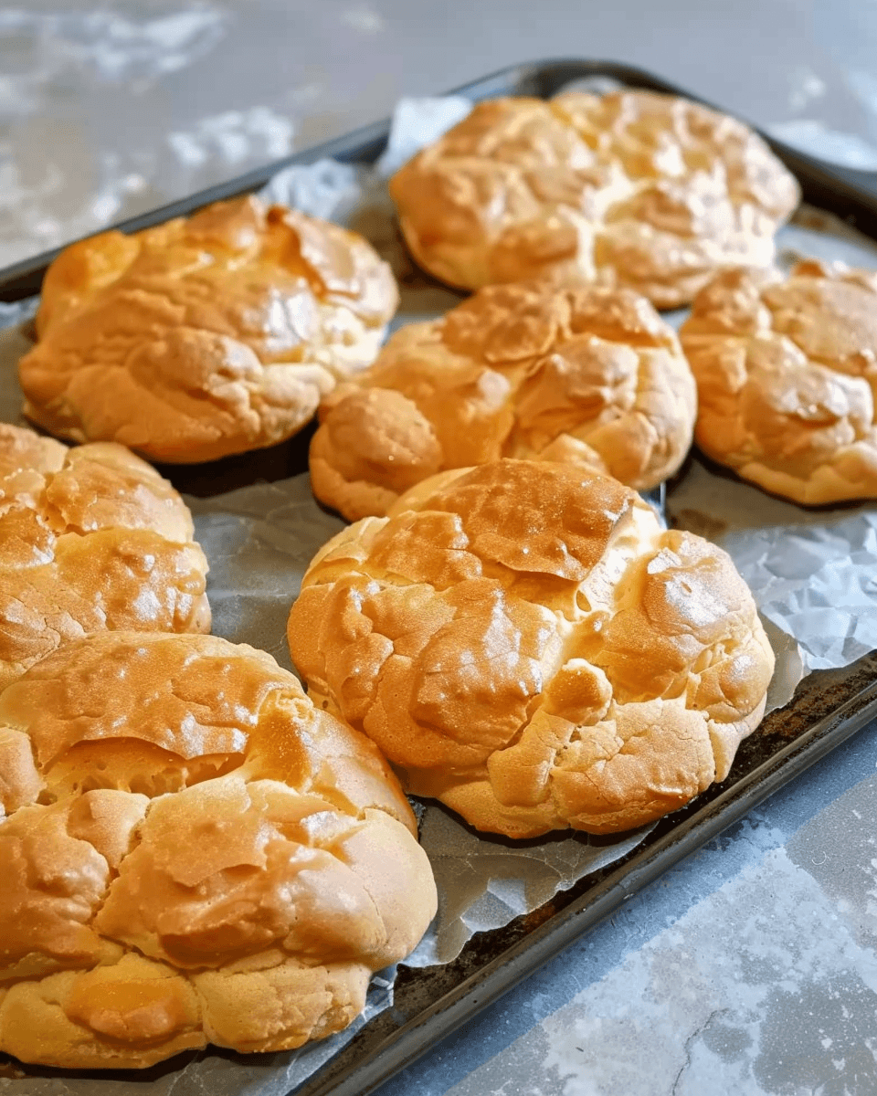 Freshly baked golden-brown cloud bread pieces on a baking sheet lined with parchment paper.