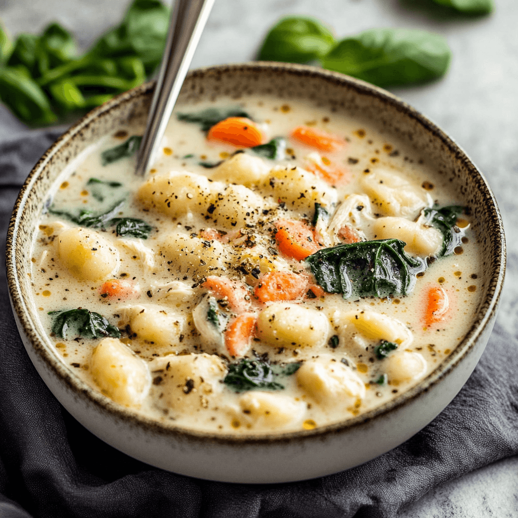 A bowl of creamy chicken gnocchi soup with tender gnocchi, shredded chicken, fresh spinach, carrots, and cracked black pepper on top.