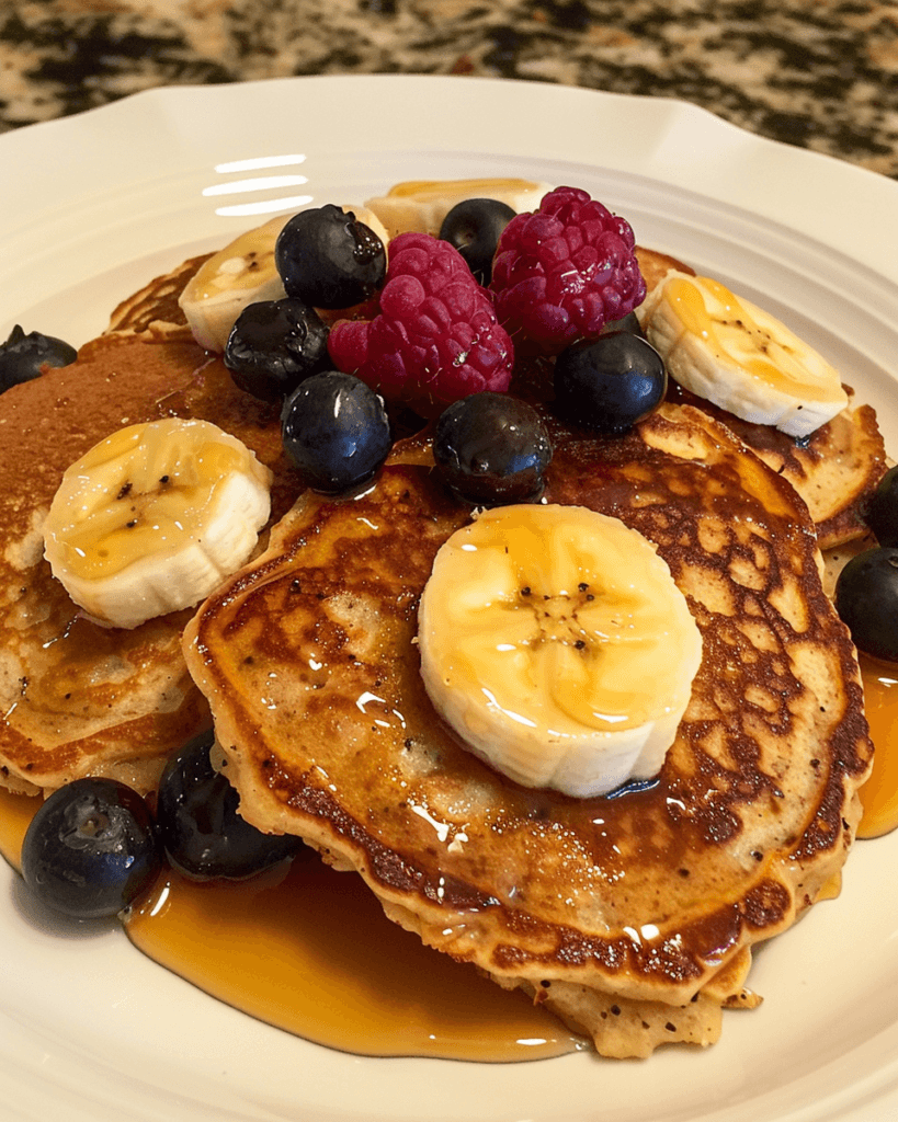 A plate of Cottage Cheese Banana Oatmeal Protein Pancakes topped with banana slices, blueberries, raspberries, and drizzled with maple syrup