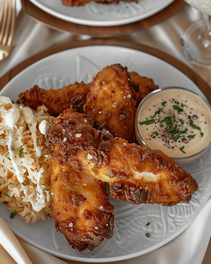 Crispy Crack Chicken Tenders served with seasoned rice and a creamy dipping sauce on a white plate.