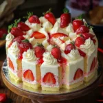A beautifully decorated cream cheese delight cake topped with fresh strawberries, dollops of whipped cream, and strawberry glaze, with visible layers of sponge cake and cream filling.