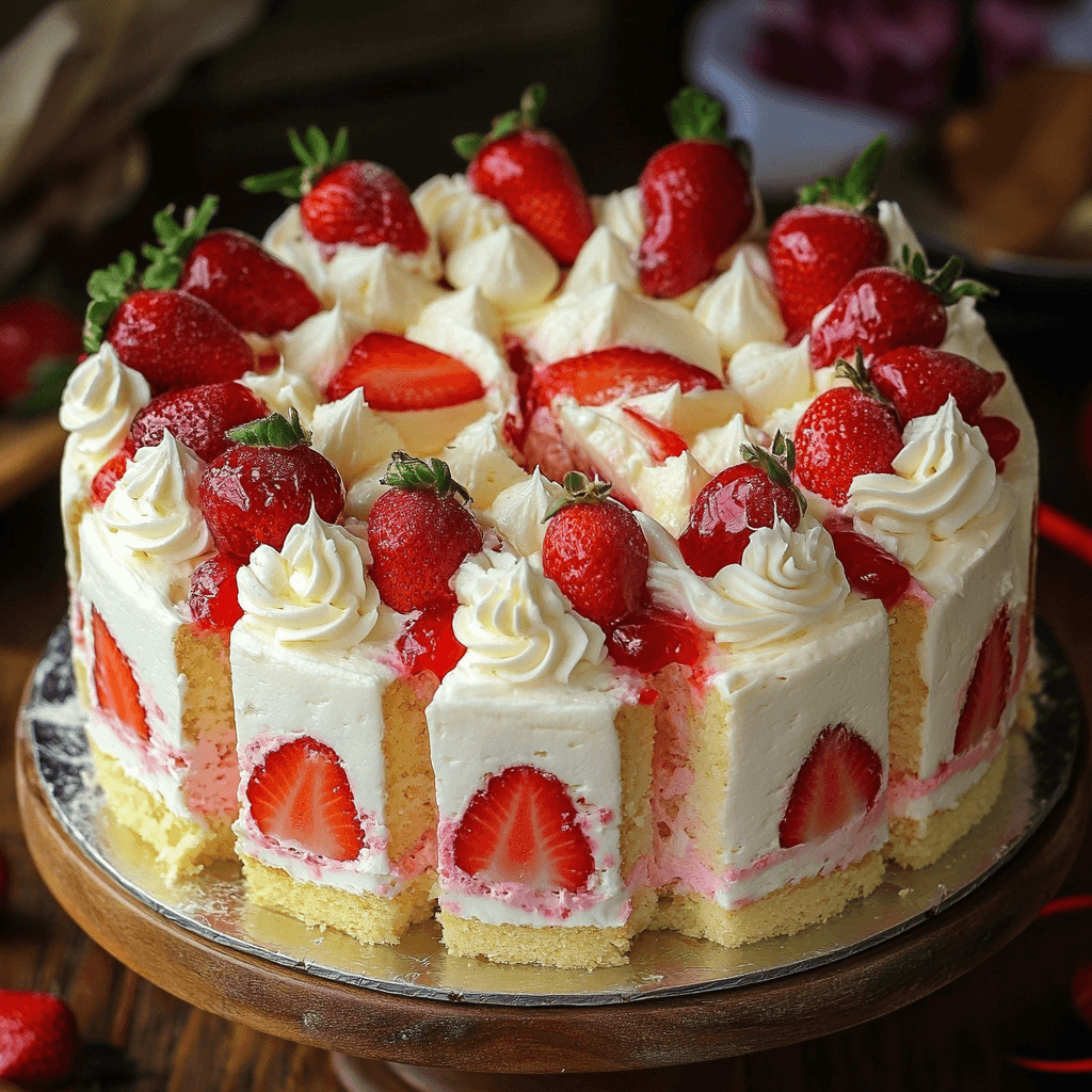 A beautifully decorated cream cheese delight cake topped with fresh strawberries, dollops of whipped cream, and strawberry glaze, with visible layers of sponge cake and cream filling.