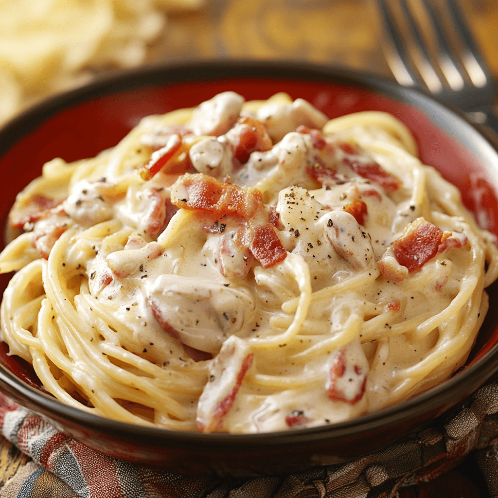A bowl of Creamy Bacon Spaghetti topped with crispy bacon pieces and creamy sauce, served in a red dish.