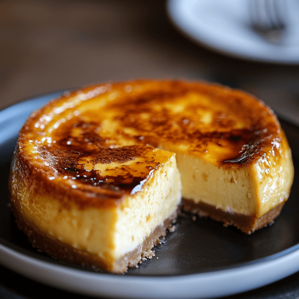 A creamy Crème Brûlée Cheesecake with a caramelized sugar topping and a slice removed.