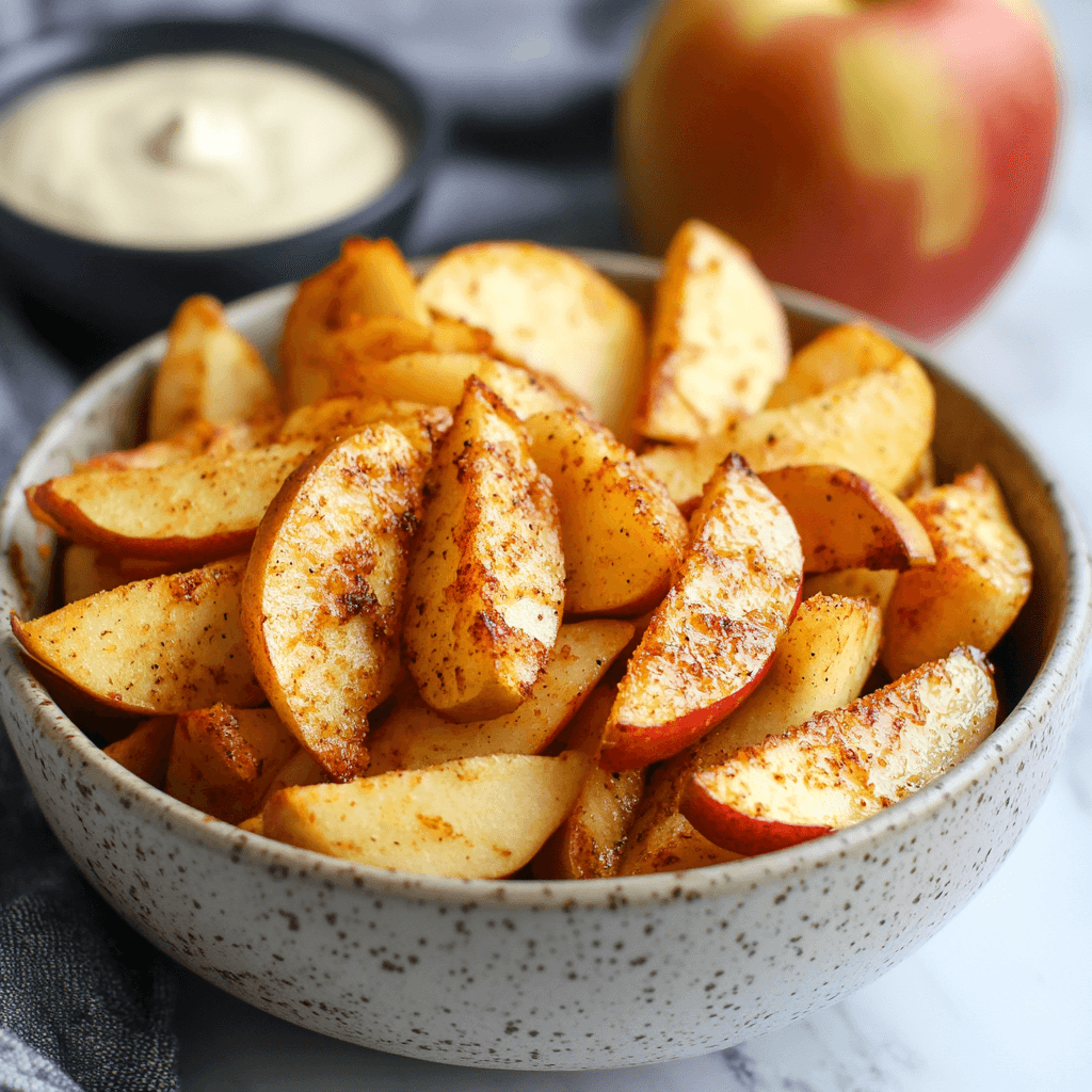 A bowl of crispy air fryer apple fries seasoned with cinnamon, with a dipping sauce and a fresh apple in the background.