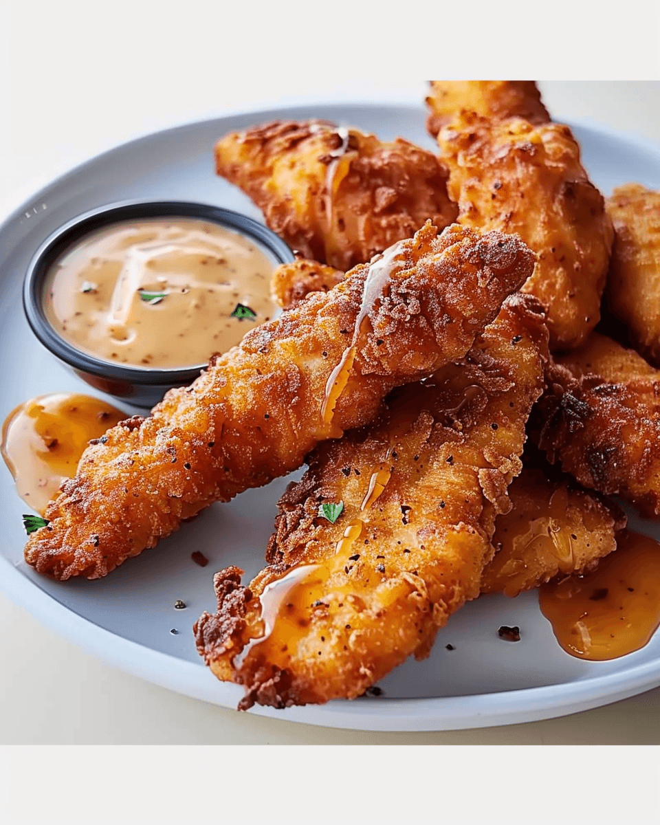 Golden, crispy chicken tenders served with a creamy honey mustard dip on a white plate.
