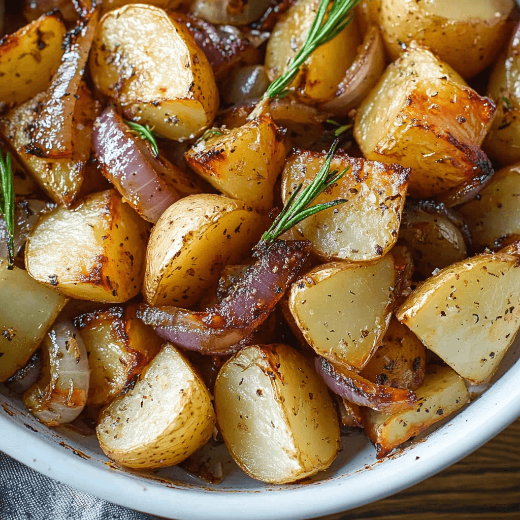 A close-up of crispy oven-fried potatoes and red onions garnished with fresh rosemary in a white bowl.