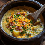 Creamy Crock Pot Crack Potato Soup topped with crispy bacon, shredded cheddar cheese, and fresh chives.