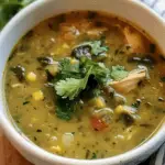 A bowl of Crock Pot Green Enchilada Chicken Soup with shredded chicken, corn, green enchilada sauce, and fresh cilantro garnish.