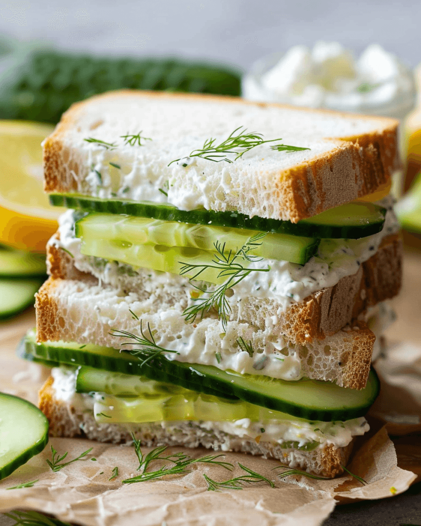 A stack of cucumber sandwiches with creamy lemon dill spread, layered between soft white bread and garnished with fresh dill.