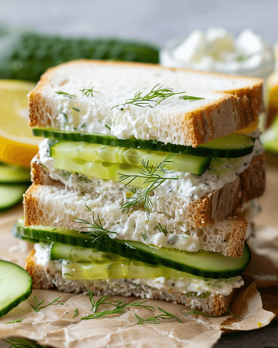 A stack of cucumber sandwiches with creamy lemon dill spread, layered between soft white bread and garnished with fresh dill.