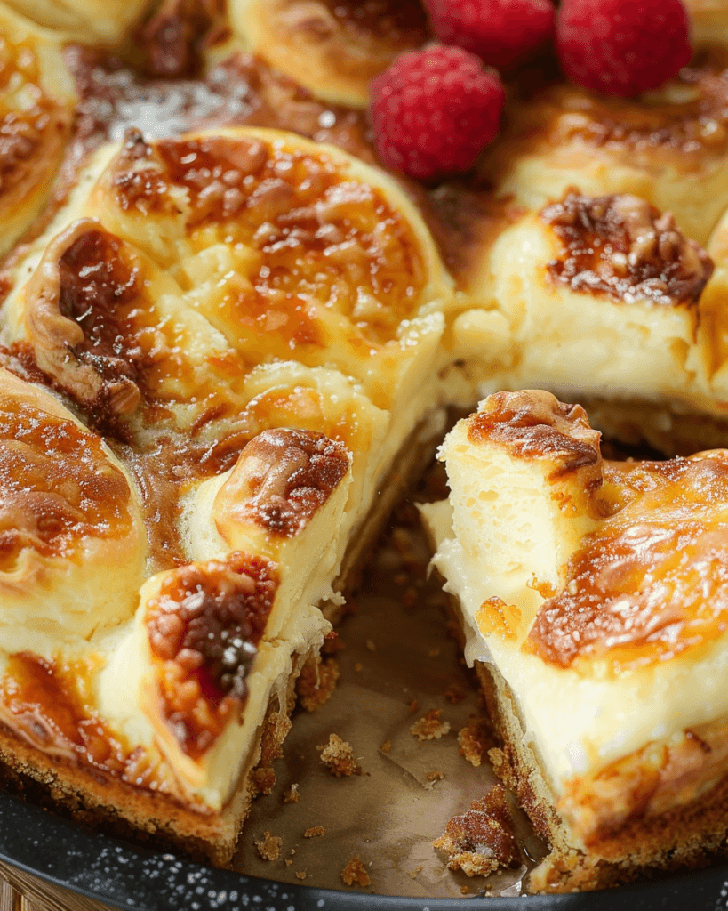 A close-up of a Delicious King’s Hawaiian Cheesecake Danish with a golden, caramelized top, creamy cheesecake filling, and a crumbly crust, garnished with fresh raspberries.