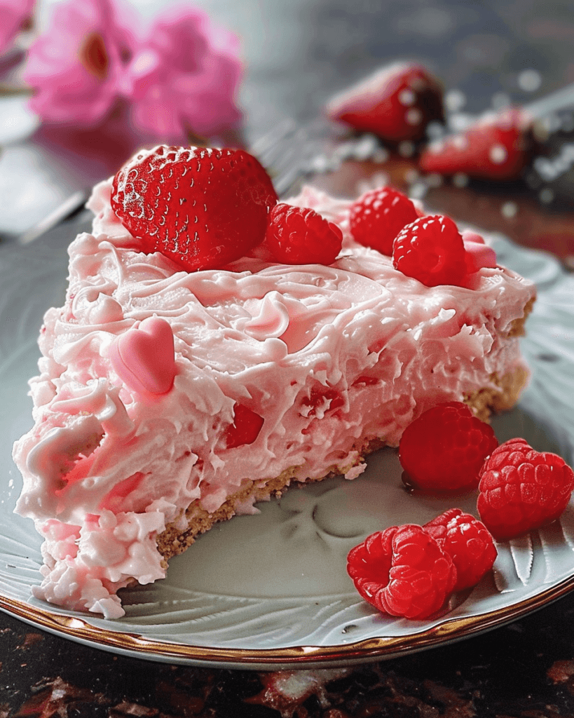 Slice of creamy pink dessert topped with fresh strawberries, raspberries, and heart-shaped decorations on a delicate plate.