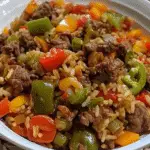 A colorful bowl of rice mixed with ground beef, chopped bell peppers in red, green, and yellow, and diced carrots, all coated in a savory sauce.