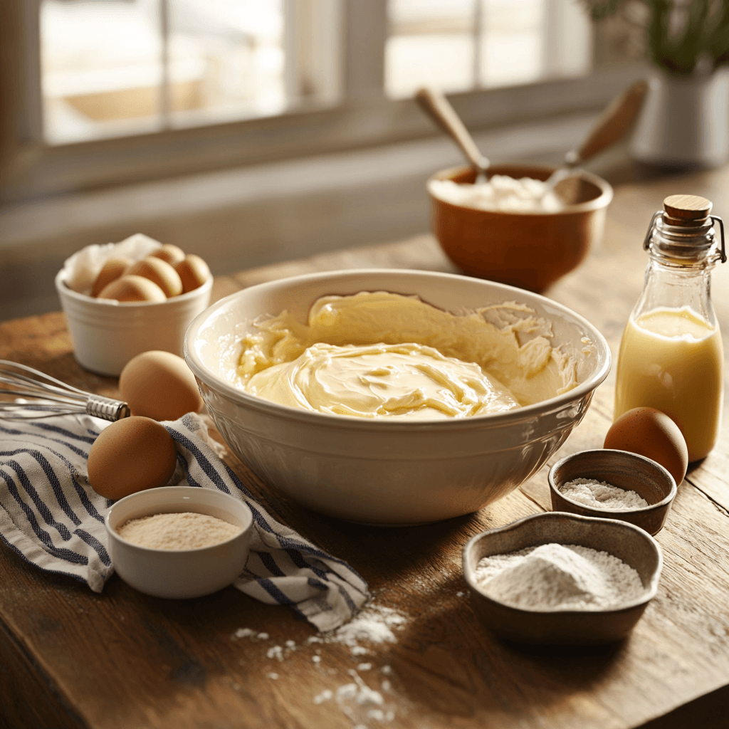 Ingredients and batter for vanilla buttermilk pound cake on a wooden table, including eggs, flour, sugar, and a bowl of creamy batter