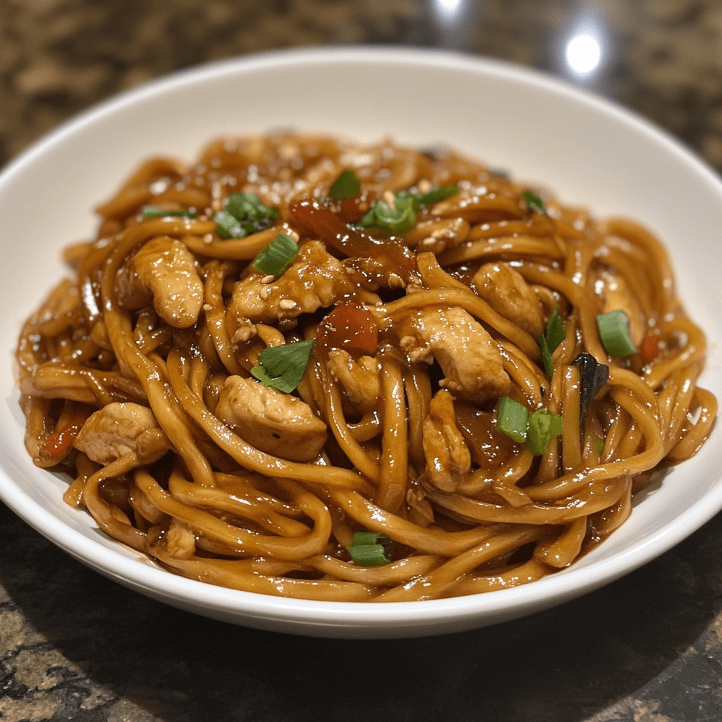 A bowl of Easy Chicken Chow Mein featuring tender chicken, stir-fried noodles, and colorful vegetables in a savory sauce.