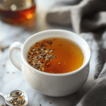 A steaming cup of herbal Flu-Fighting Tea infused with fresh herbs and spices.