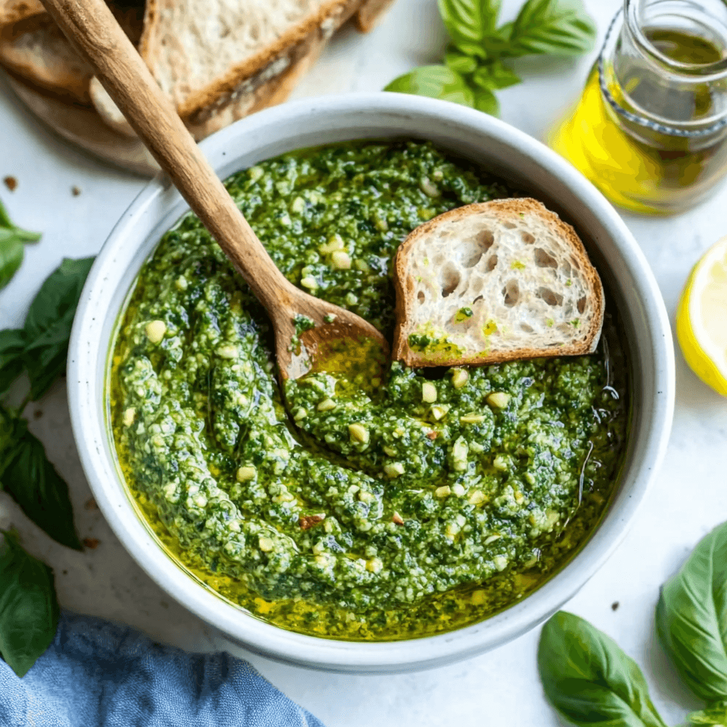 A bowl of vibrant Garlic Basil Pesto with a wooden spoon and a slice of bread dipped into the pesto, surrounded by fresh basil, olive oil, and lemon.