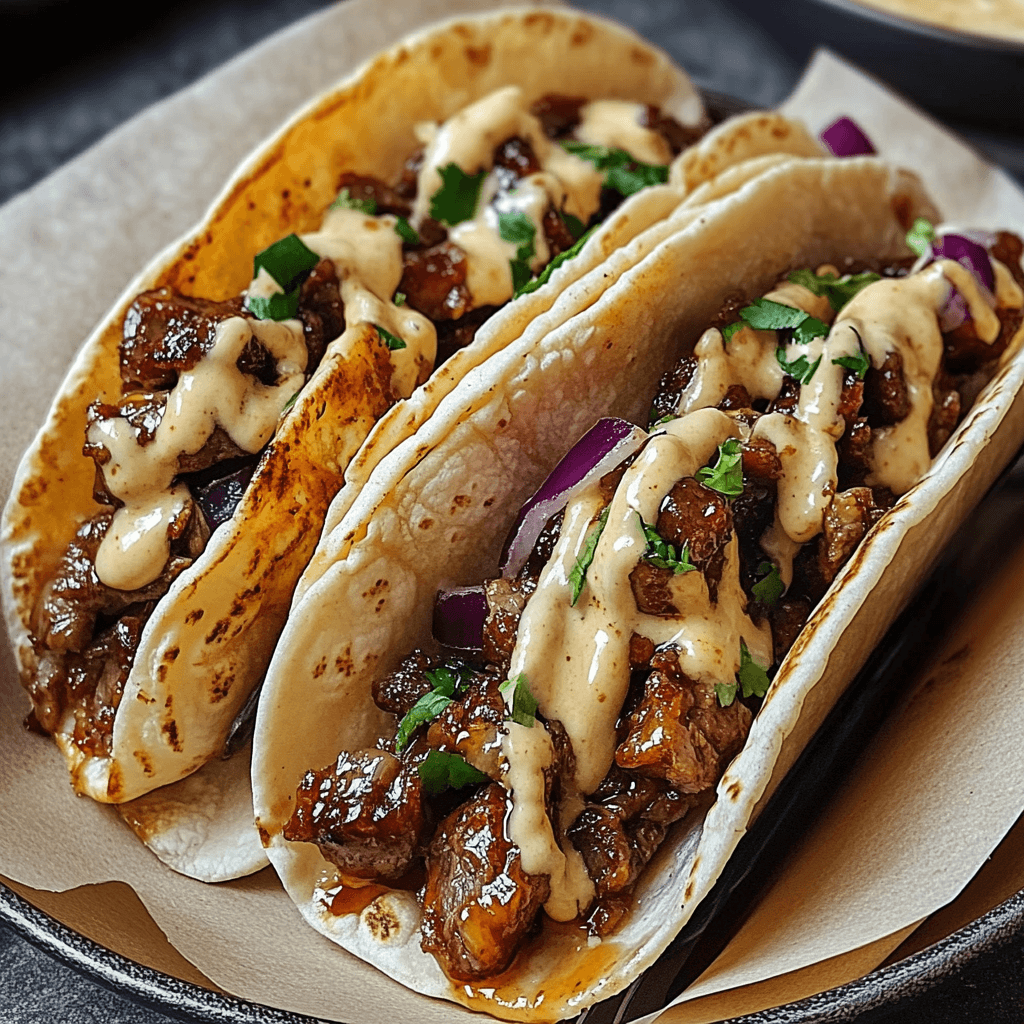 Garlic butter honey BBQ beef tacos with tender beef, drizzled with creamy sauce, and garnished with red onions and cilantro in soft tortillas.