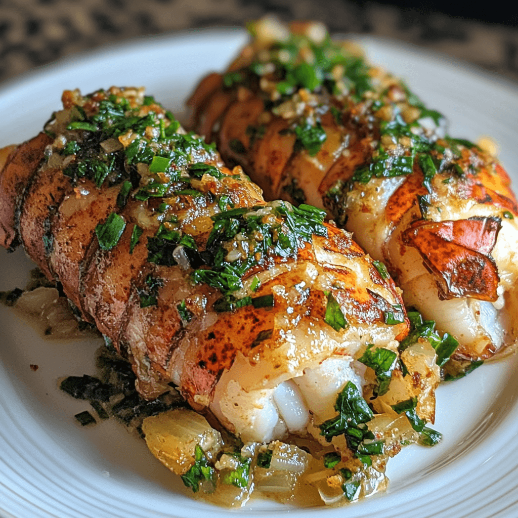 Two Garlic Butter Lobster Tails garnished with fresh herbs and served on a white plate.