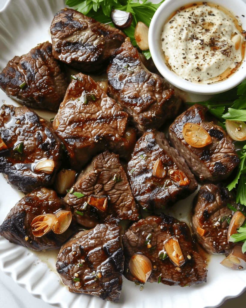 Juicy Garlic Butter Steak Bites seared to perfection, topped with roasted garlic, and served with a rich Parmesan Cream Sauce on a white platter.