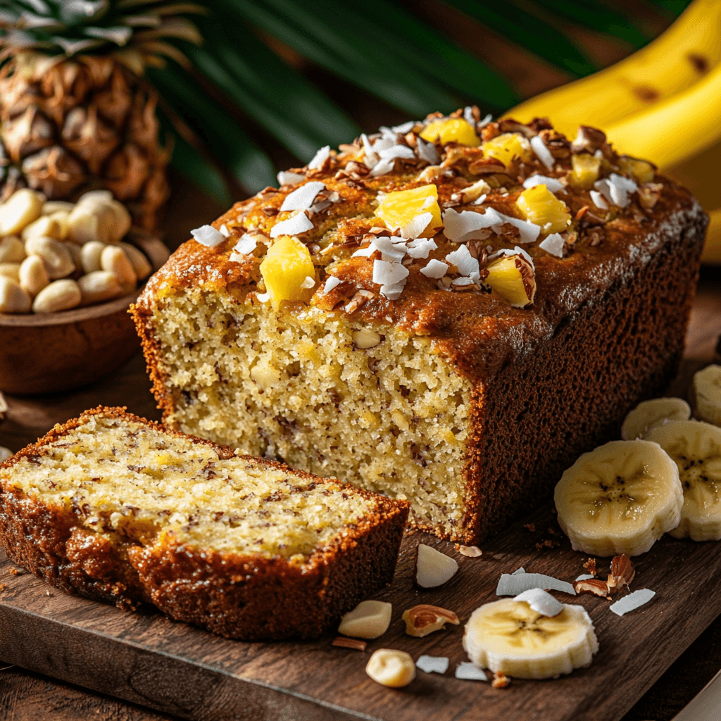 A loaf of Hawaiian banana bread topped with chunks of pineapple, shredded coconut, and macadamia nuts, with fresh bananas and tropical ingredients in the background.