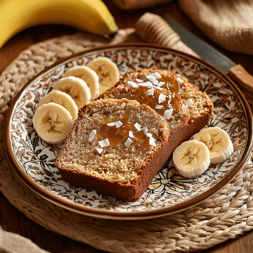 Two slices of banana bread topped with coconut flakes and jam, served on a decorative plate with sliced bananas on the side.